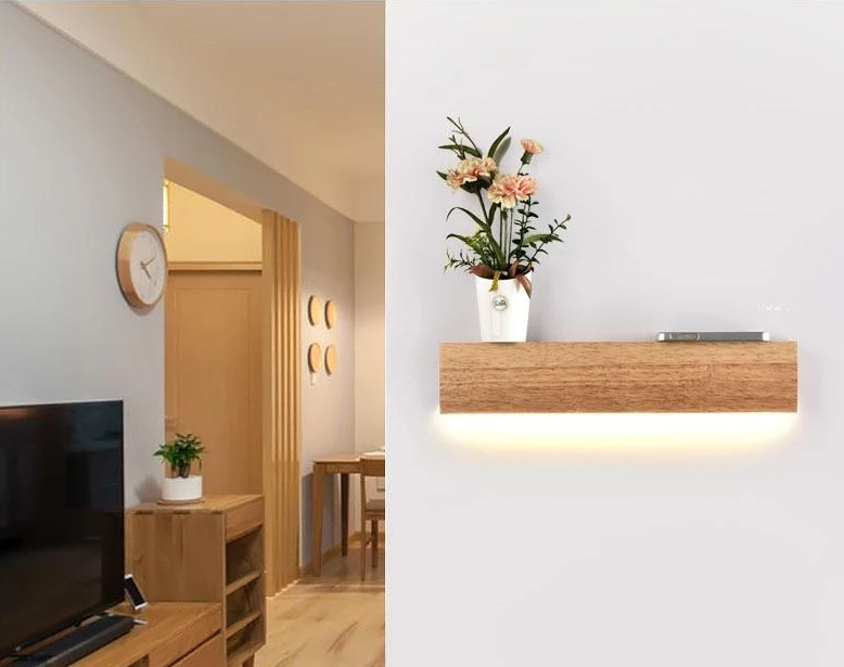 Eliana - Modern Oak Wood Shelf & Lamp